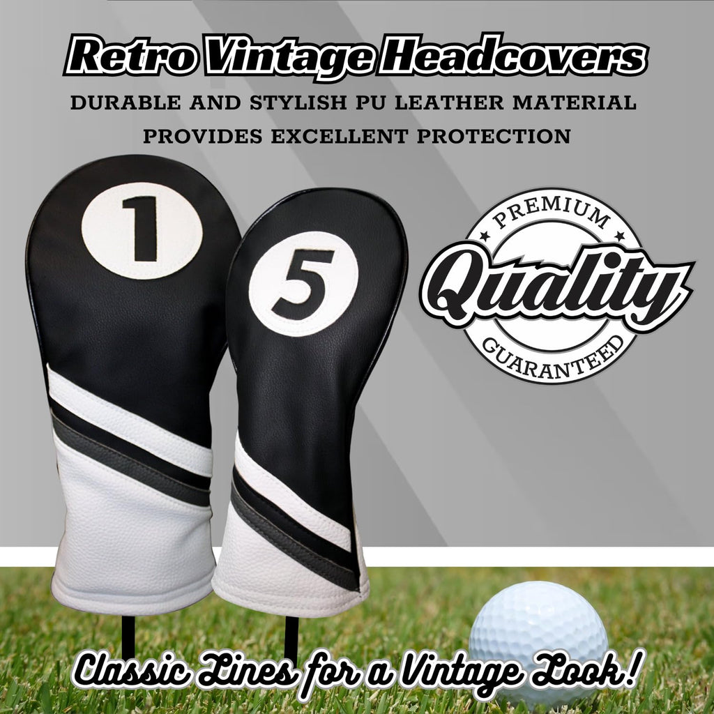 Golf Headcovers Black And White Leather Style 1 & 5 Driver And Fairway Head Cover Fits 460Cc Drivers