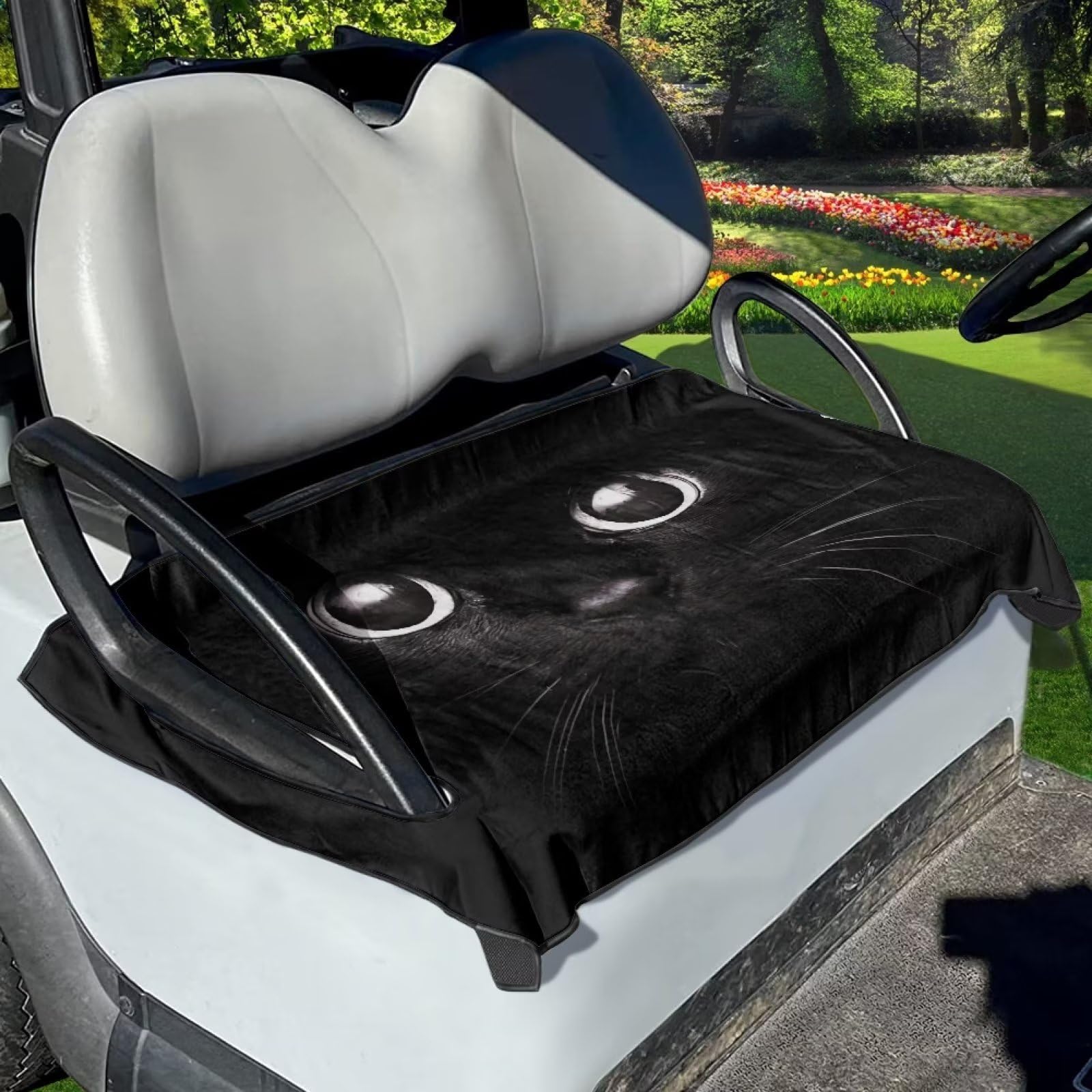 Suobstales Black Cat Print Golf Cart Seat Covers, Golf Cart Seat Blanket Covers for Club Car, Golf Cart Seat Mat Towel for 2 Sea