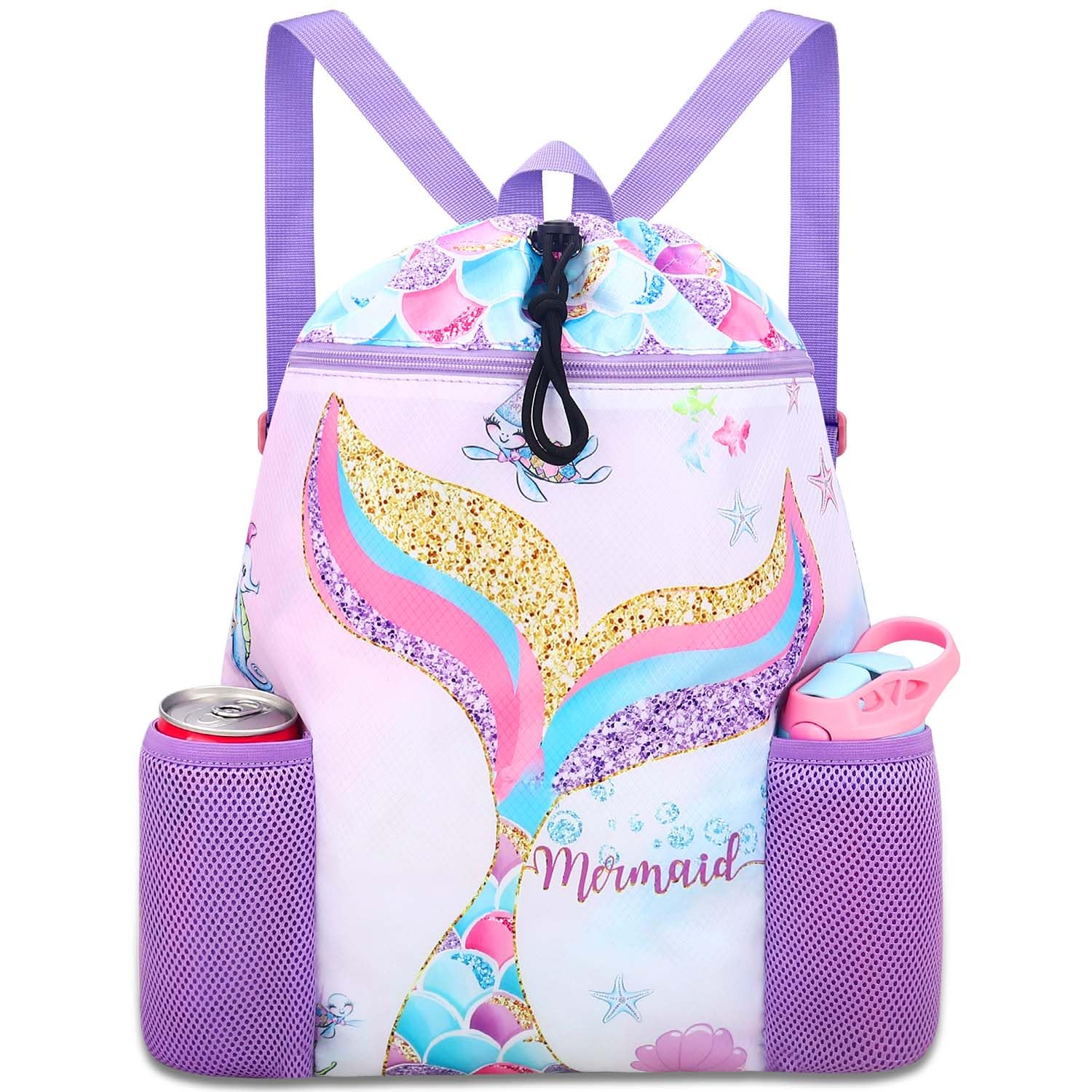 RHCPFOVR Mermaid Swim Bags for Kids - Drawstring Backpack for Girls Beach Swimming Pool Lightweight Draw String Bags Waterproof 
