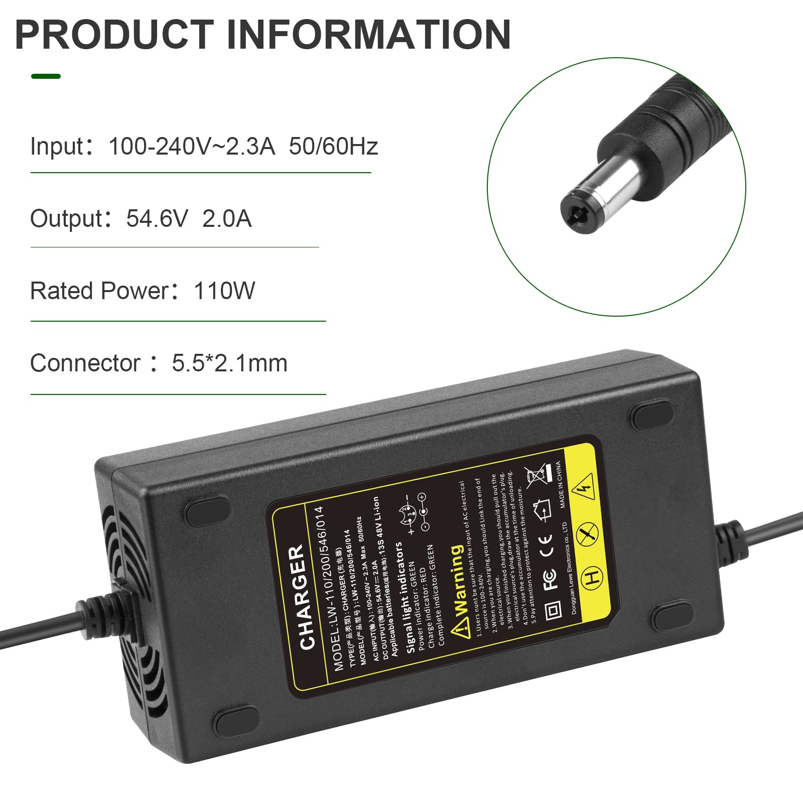 Tree.Nb 54.6V 2A Charger For 48V Electric Bike.Scooter 48 Volt 13S Lithium Battery Pack Charger With Dc 5.5Mm Round Connector