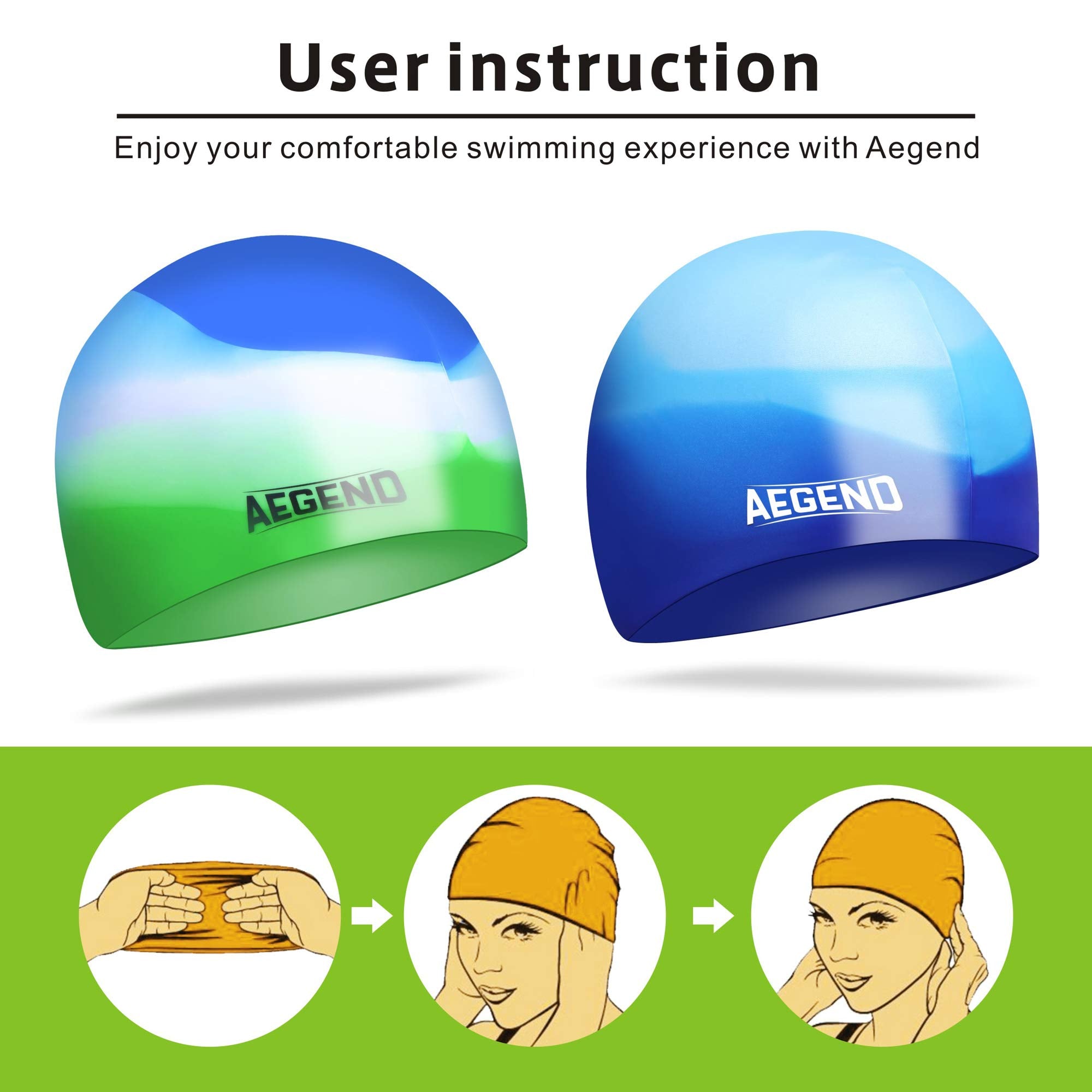 Aegend Kids Swim Cap (Age 4-8), 2 Pack, Blue & Green