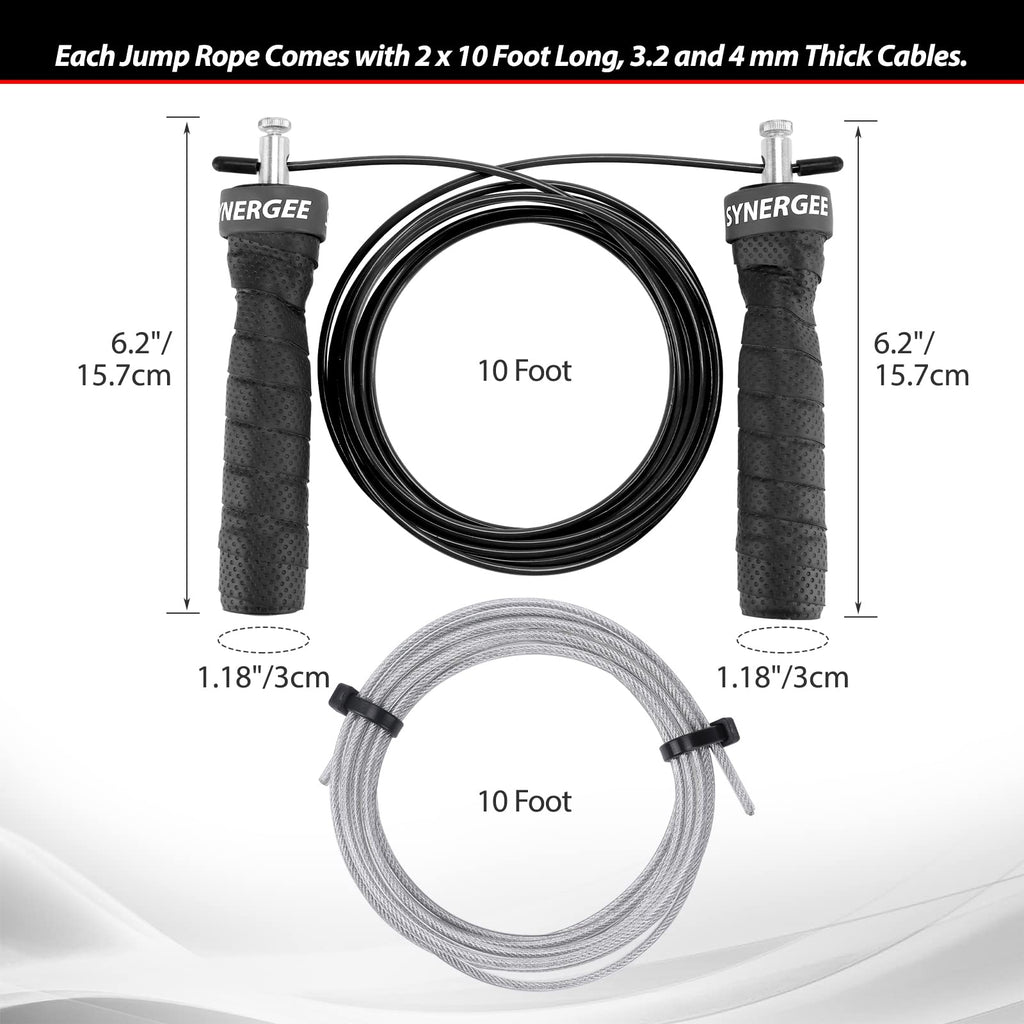 Synergee Jet Black Speed Jump Rope - (2) Adjustable 10 Ft Cable - Steel Ball Bearings - For Crossfit, Mma, Boxing & Fitness, Ant