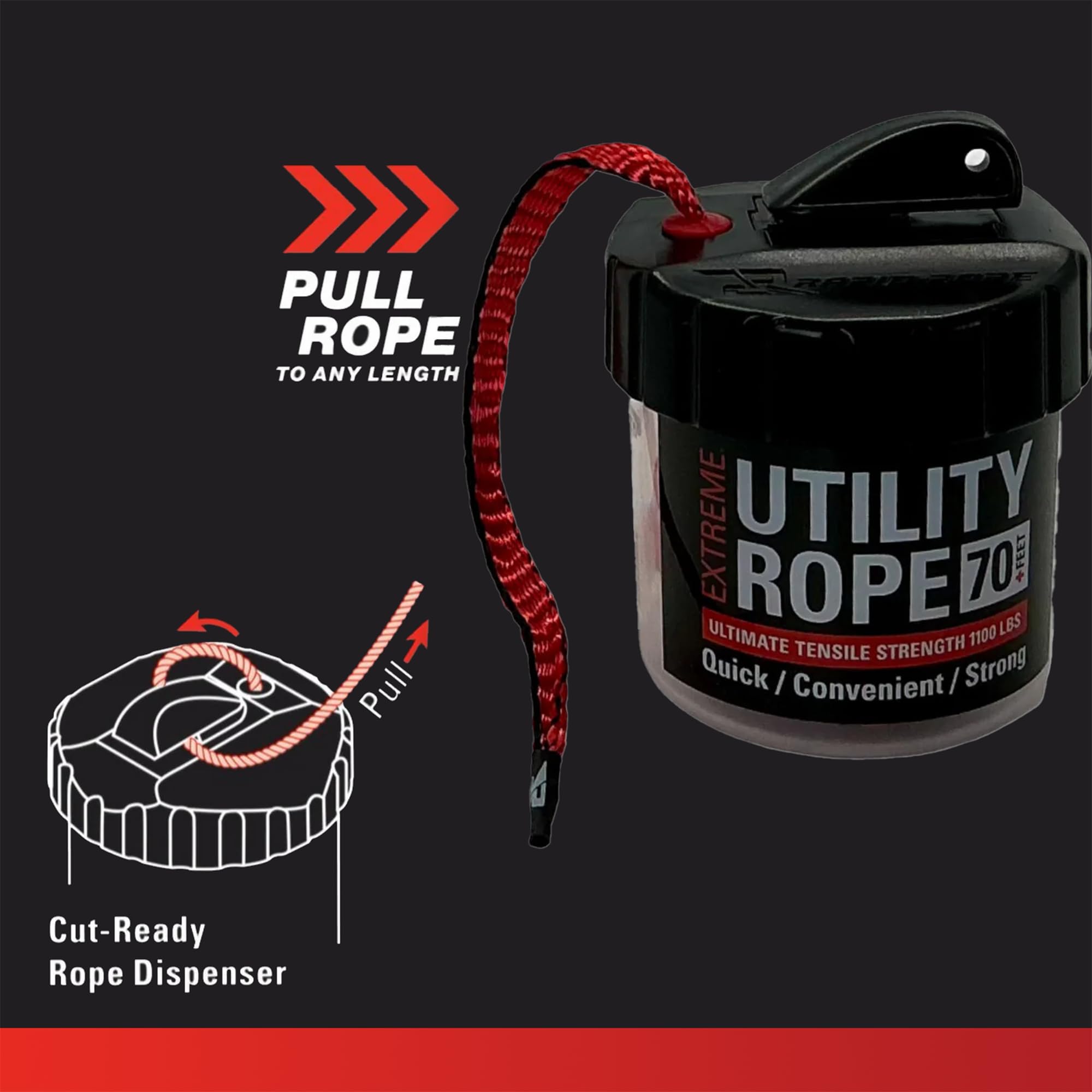Rapid Rope Canister 70Ft Red Flat Tactical Paracord, Made In Usa, 1100Lb Tested Heavy Duty Poly Rope Test Cord, Non-Tangle Dispe