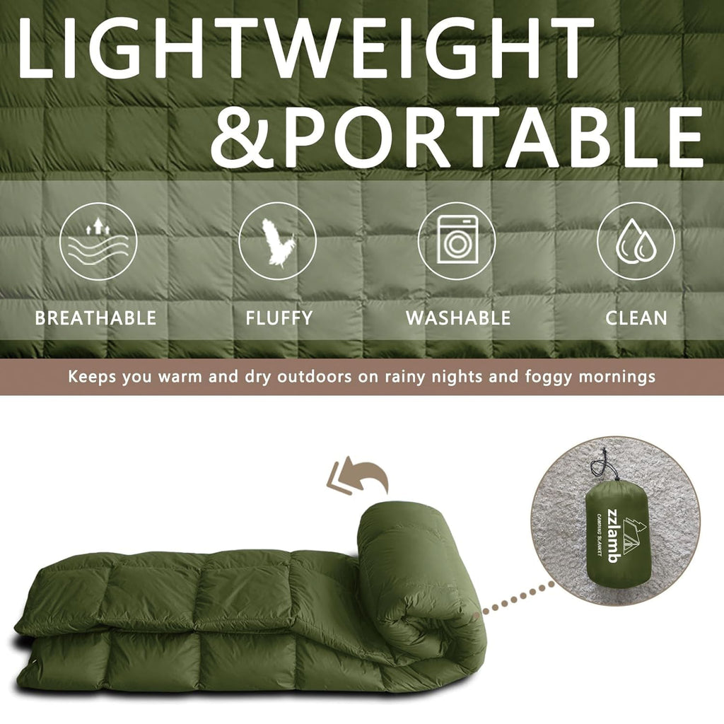 Zzlamb Water-Repellent Duck Down Camping Blanket, Compact Travel Down Throw Quilt 650 Fill Power, Outdoor Blanket For Picnic Bea