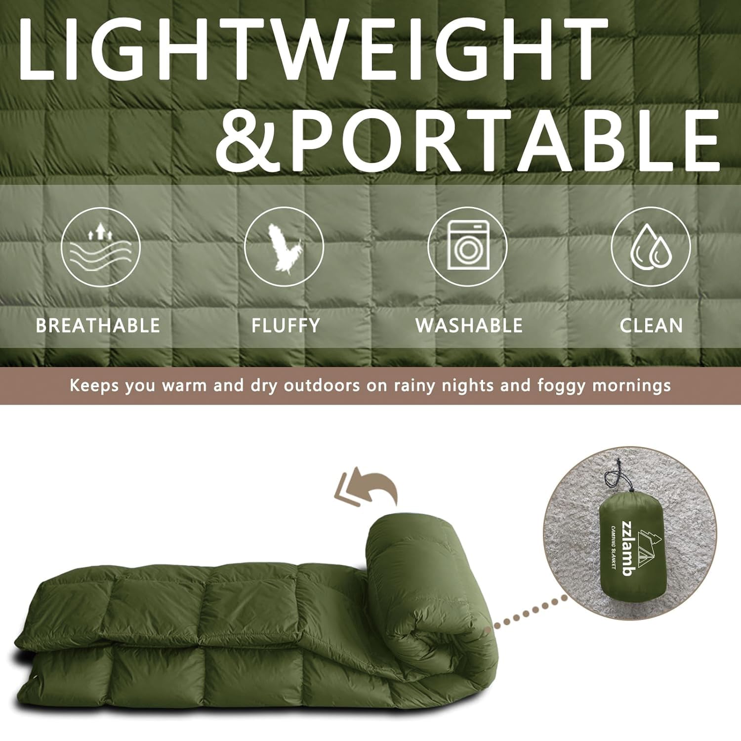 Zzlamb Water-Repellent Duck Down Camping Blanket, Compact Travel Down Throw Quilt 650 Fill Power, Outdoor Blanket For Picnic Bea