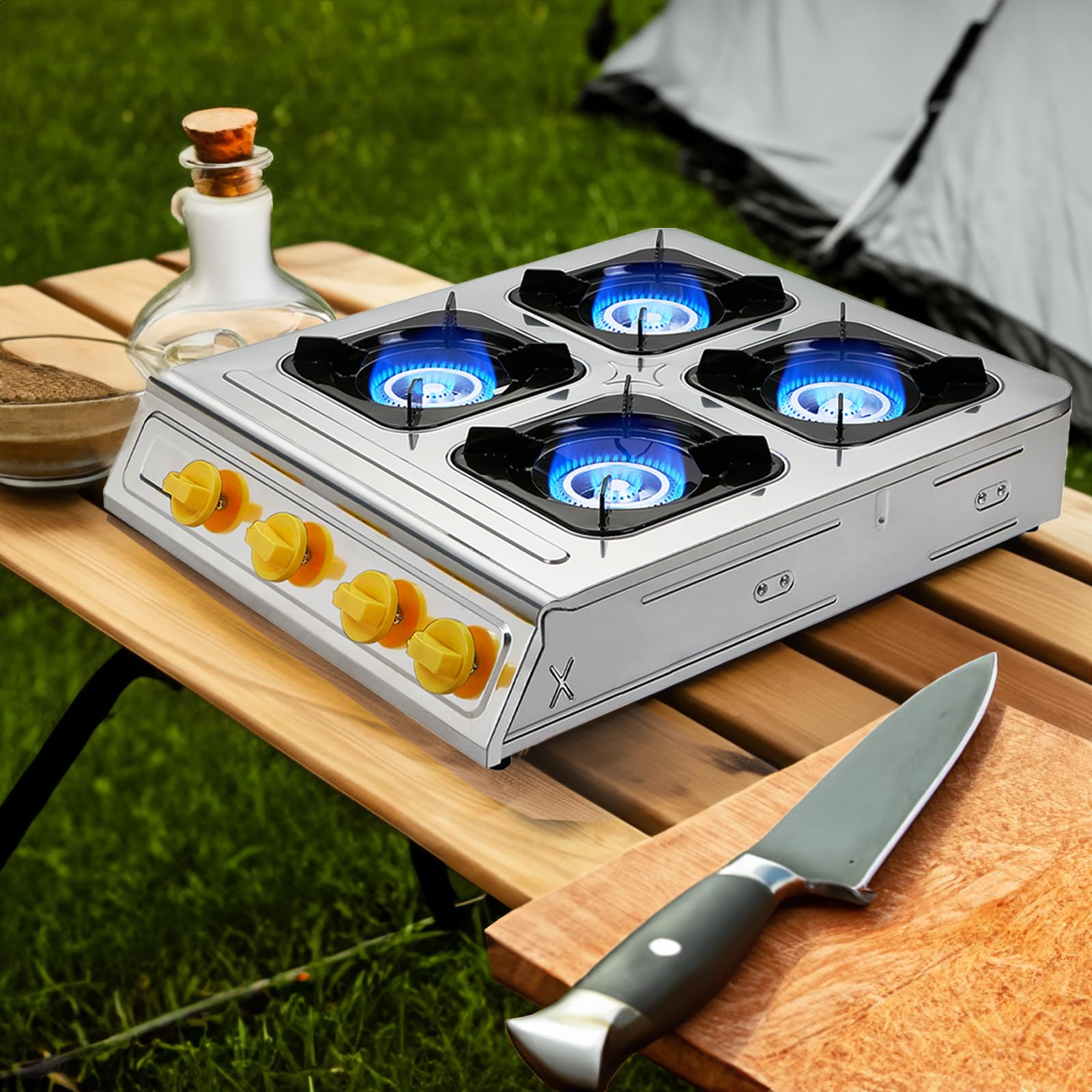 Vivicreate 4 Burner Propane Gas Stove 40000 Btu Stainless Steel Cooktop With Enamel Pan Support Electronic Ignition For Camping