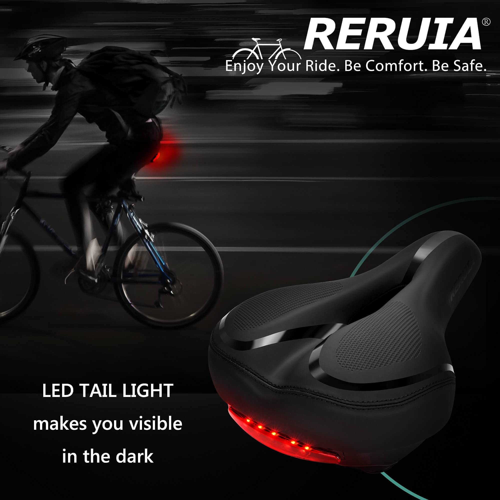 Reruia Comfortable Bike Seat With Light Breathable Memory Foam Padded Bike Saddle Dual Shock Absorbing Center Cutout Bicycle Cus