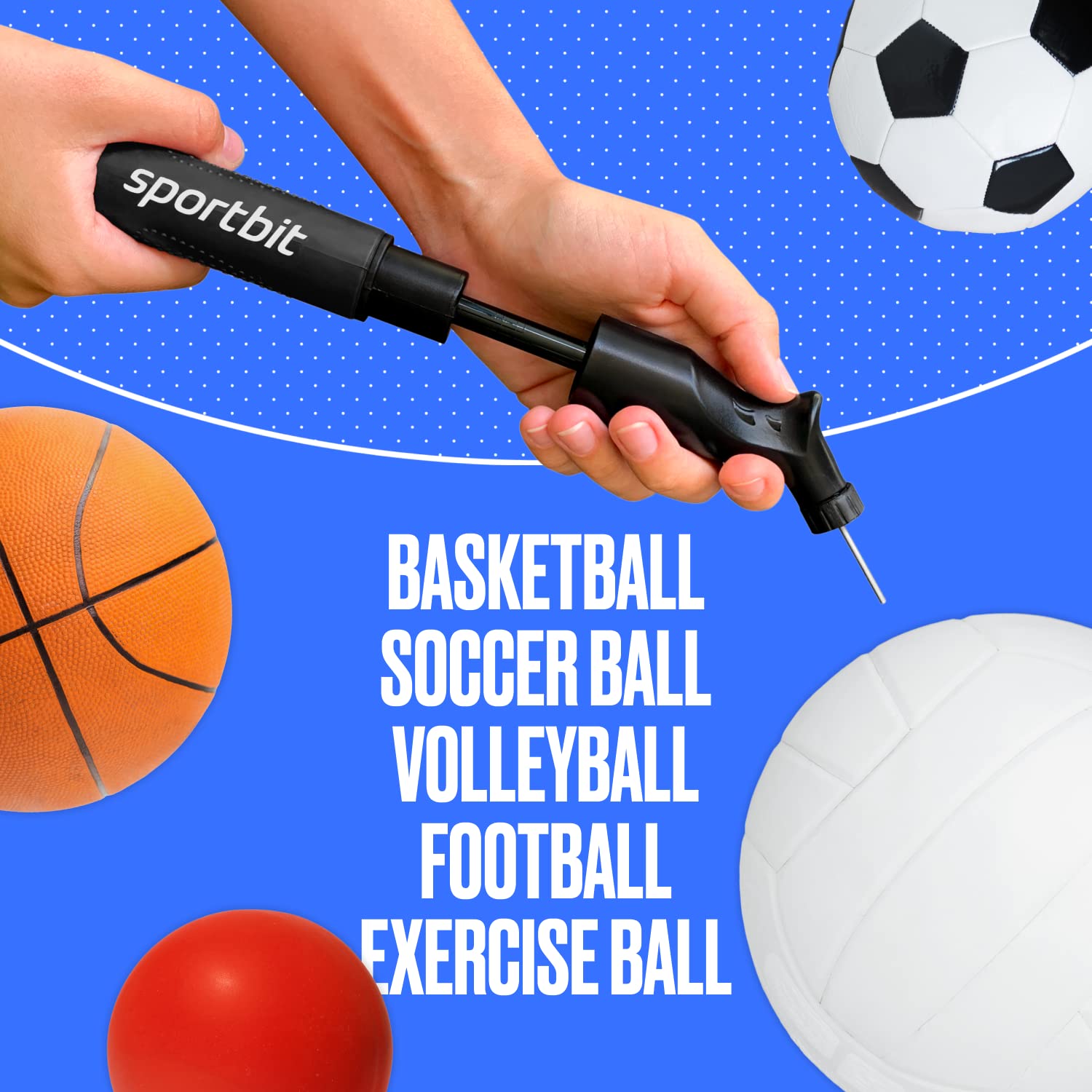 Sportbit Ball Pump With 5 Needles - Push & Pull Inflating System - Great For All Sports Balls - Volleyball Pump, Basketball Infl