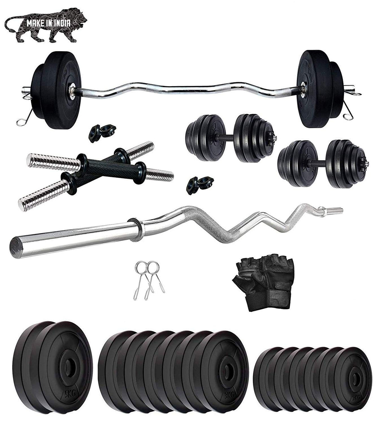 Extreme Muscles Home Gym Exercise Set 54 Kg With 3 Feet Curl Rod,Rod Locks, Weight Plates, Dumbbell Rods And Gym Gloves