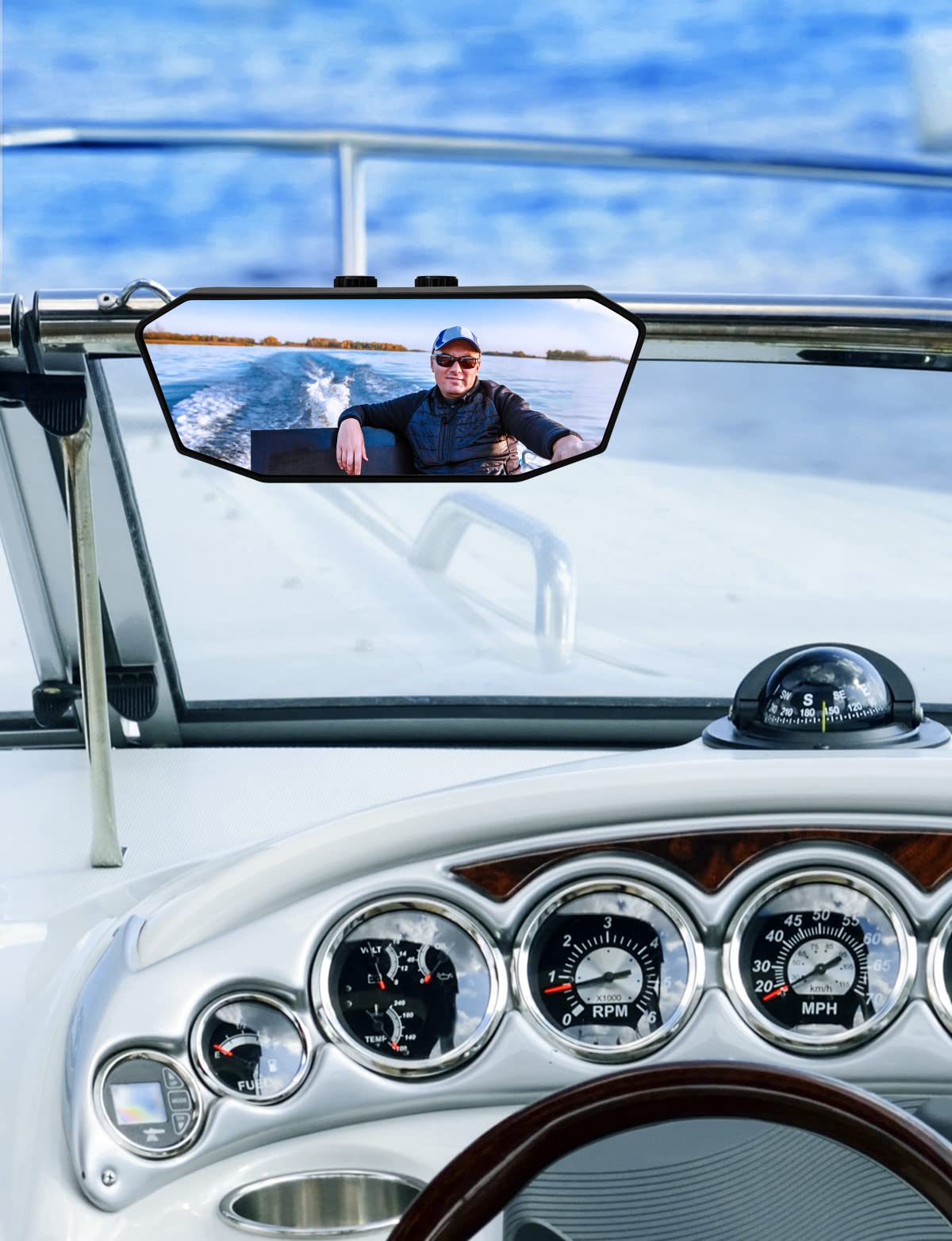Kemimoto Marine Boat Mirror Upgraded Size 10.5 In X 4 In, Universal Boat Rear View Mirror For Ski Boats Pontoon Boats Water Skii