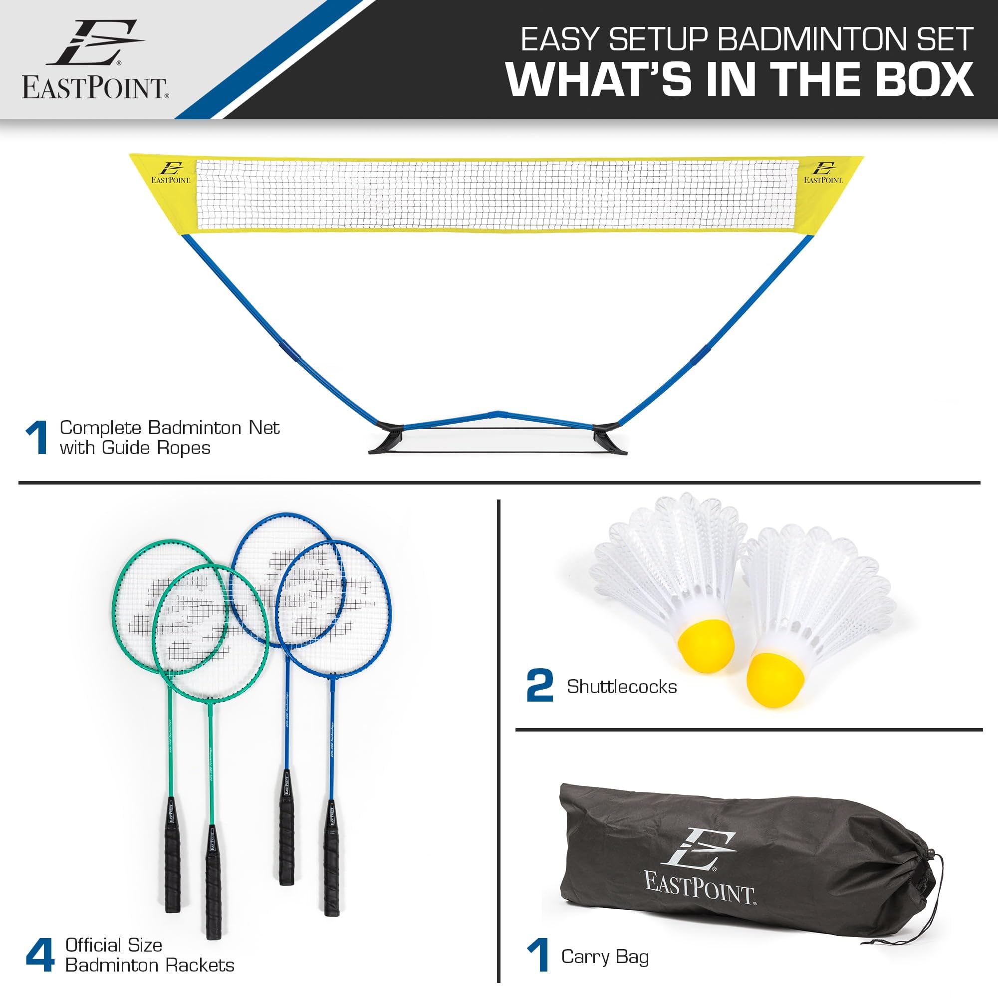 Eastpoint Sports Easy Setup Badminton Set - Backyard Outdoor Game For Family Fun - Includes 2 Racket & 2 Shuttlecocks
