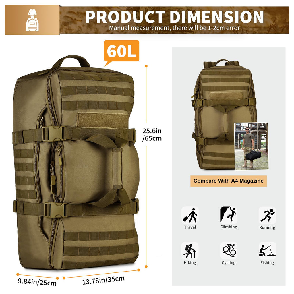 Huntvp 60L Tactical Military Backpack Gear Sport Outdoor Assault Pack Rucksack Bag For Hunting Camping Trekking Travel,Brown