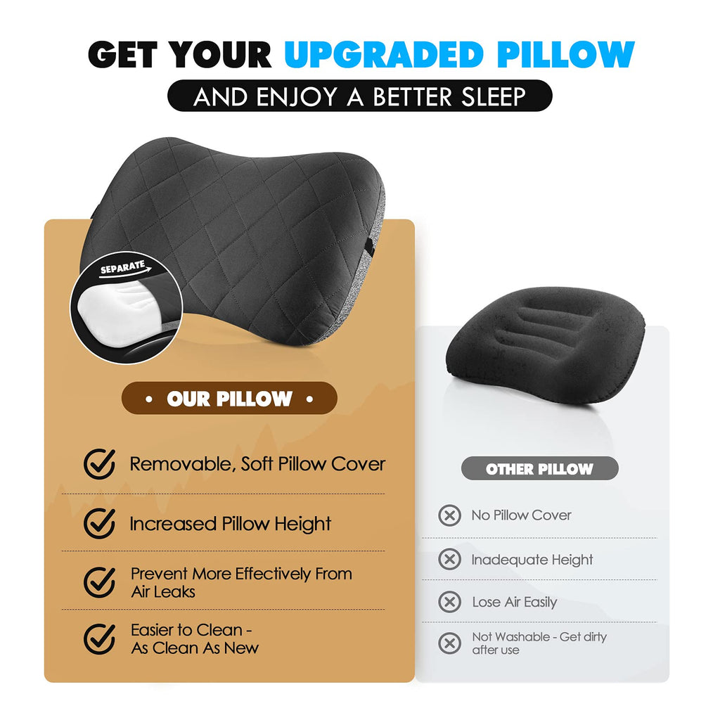 Hikenture Ultralight Inflatable Pillow With Removable Cover For Neck Lumber Support - Upgrade Washable Travel Air Pillows For Ca