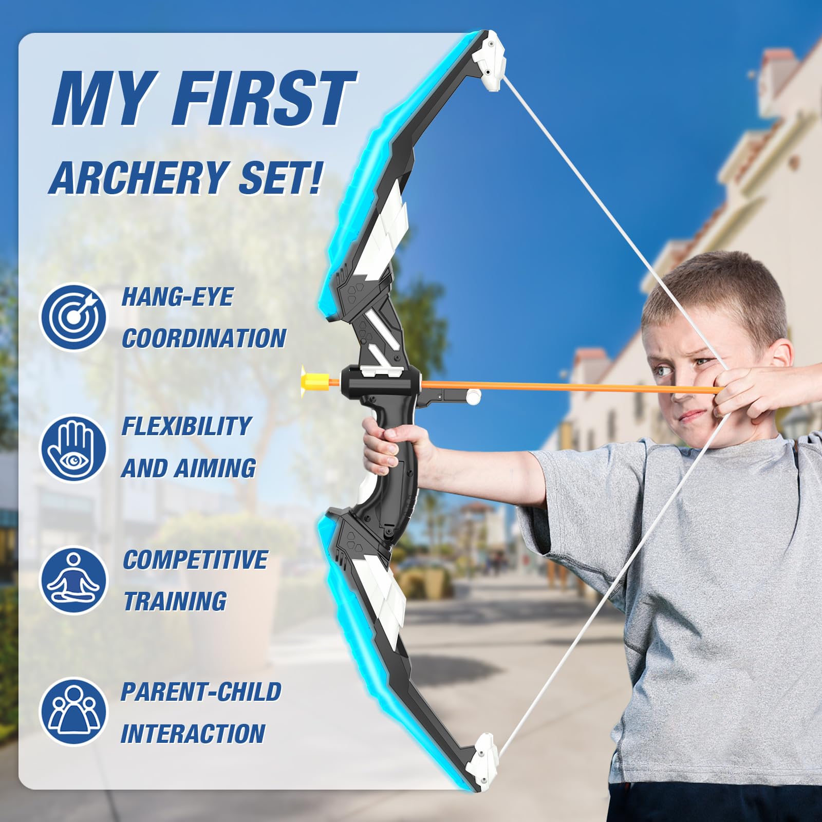 HYES 2 Pack Kids Bow and Arrow, LED Light Up Archery Set with 24 Suction Cup Arrows, Indoor Outdoor Sport Dinosaur Toys Gifts fo