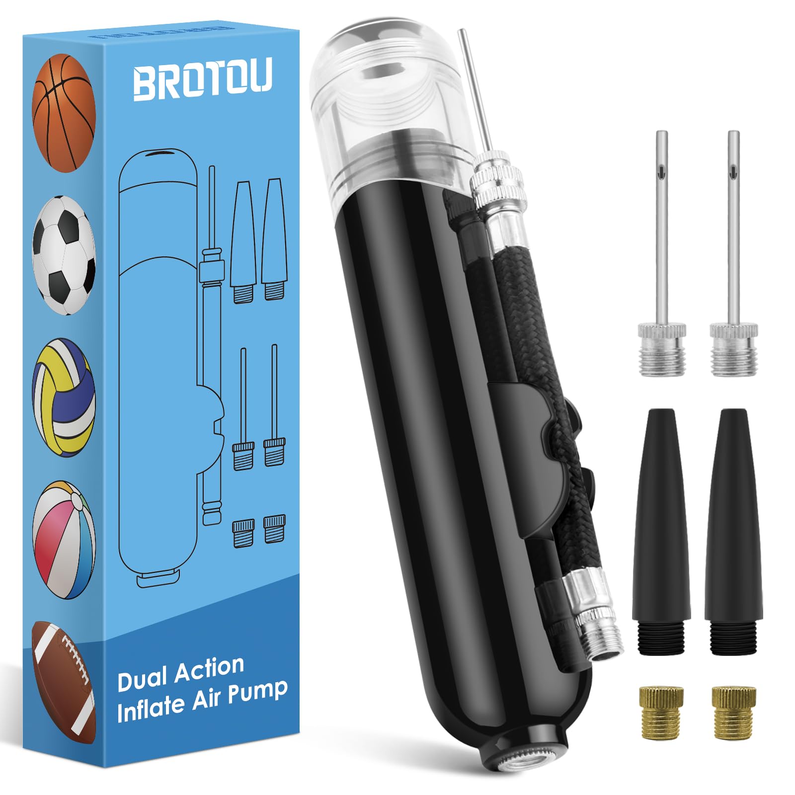 Brotou Ball Pump & Bike Pump, Inflate Air Pump With 3 Needles, 2 Nozzles And 2 Bike Tire Valve Adapter Hand Pump Kit For Soccer