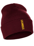 Daxton Vertical Usa Cities Cuffed Beanie Winter Knit Hat Skully Cap, Los Angeles Burgundy Gold