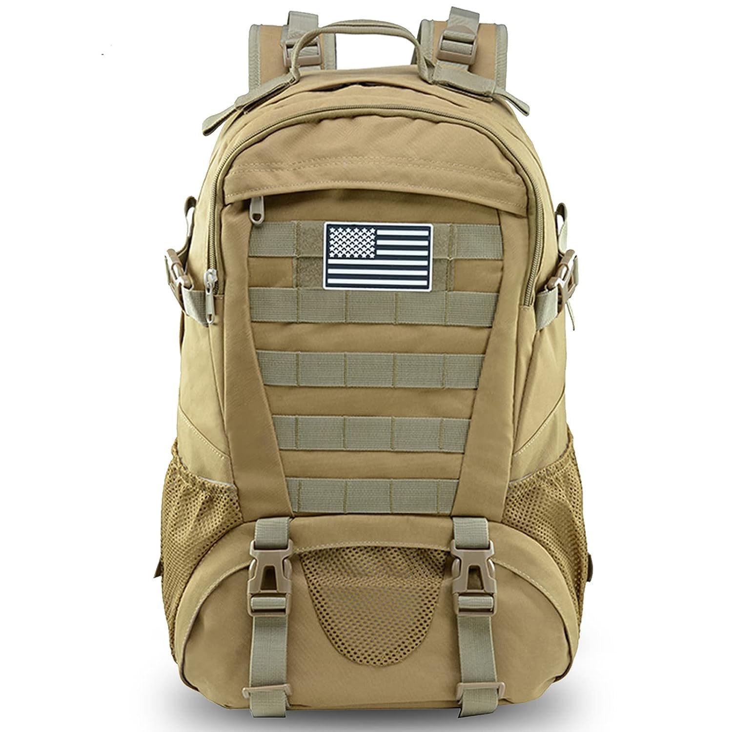 Jueachy Tactical Backpack For Men Hiking Day Pack Molle Military Rucksack Waterproof 30L Edc Bag With Usa Flag Patch Tan Style