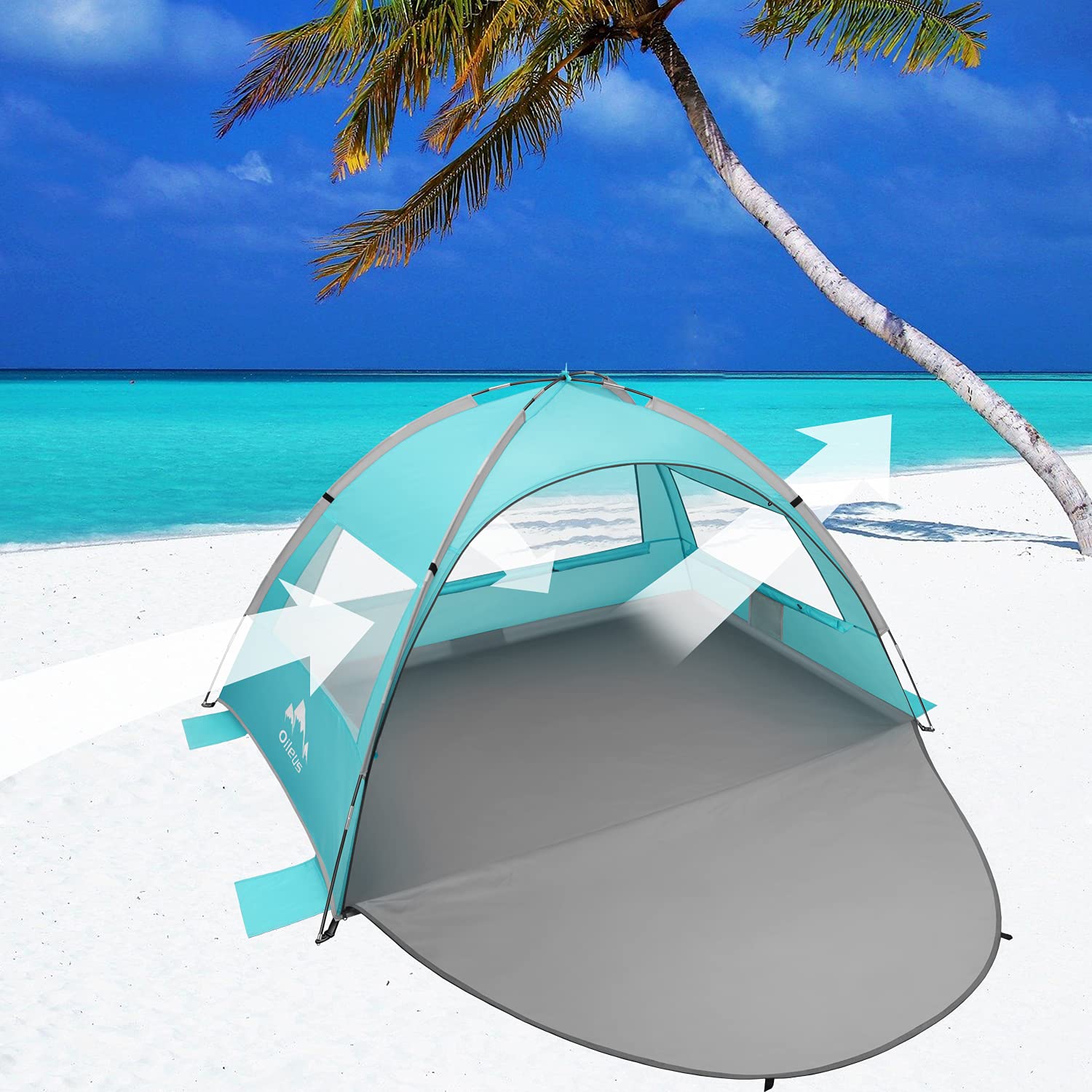 Oileus Beach Tent 2-3 Person Portable Sun Shade Shelter Uv Protection, Extended Floor Ventilating Mesh Roll Up Windows Carrying