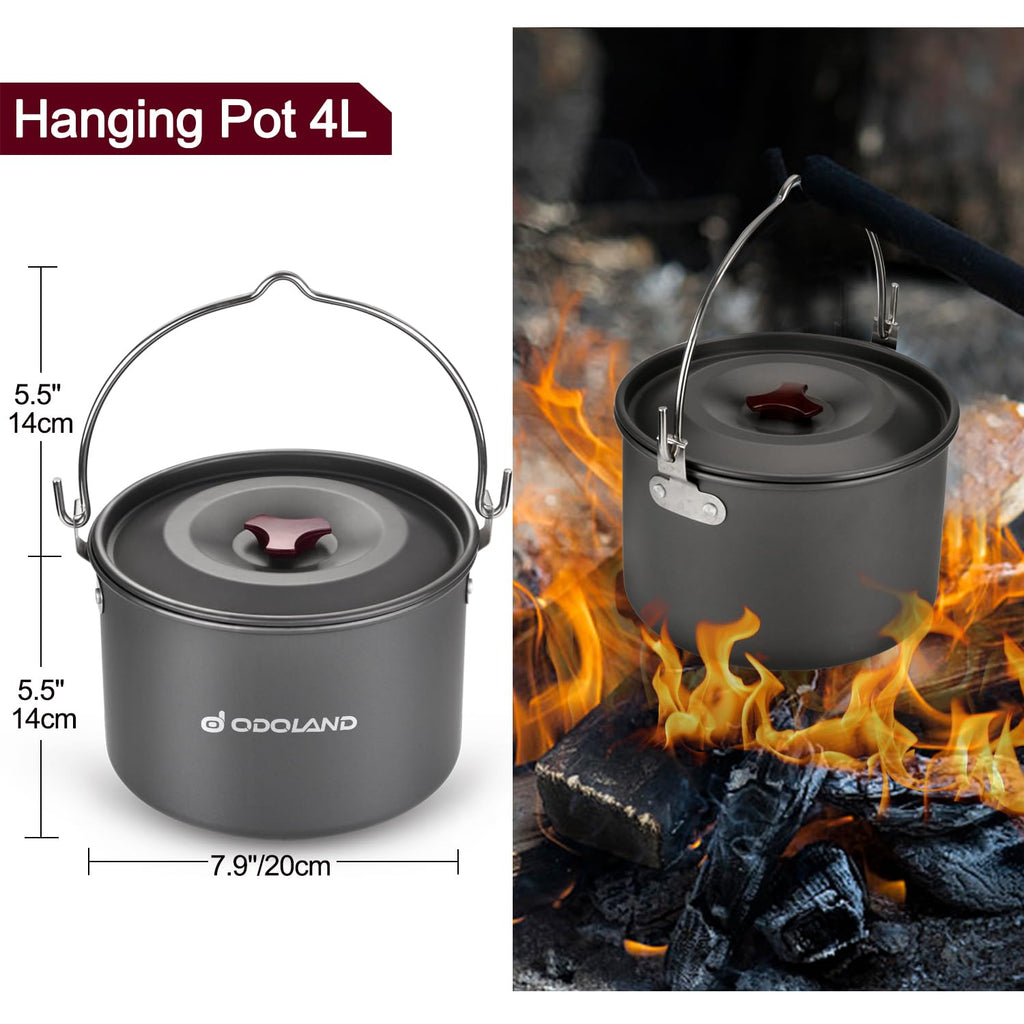 Odoland 22Pcs Camping Cookware Mess Kit, Large Size Hanging Pot Pan Kettle With Base Cook Set For 4, Cups Dishes Forks Spoons Ki