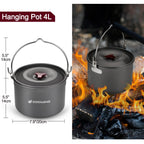 Odoland 22Pcs Camping Cookware Mess Kit, Large Size Hanging Pot Pan Kettle With Base Cook Set For 4, Cups Dishes Forks Spoons Ki