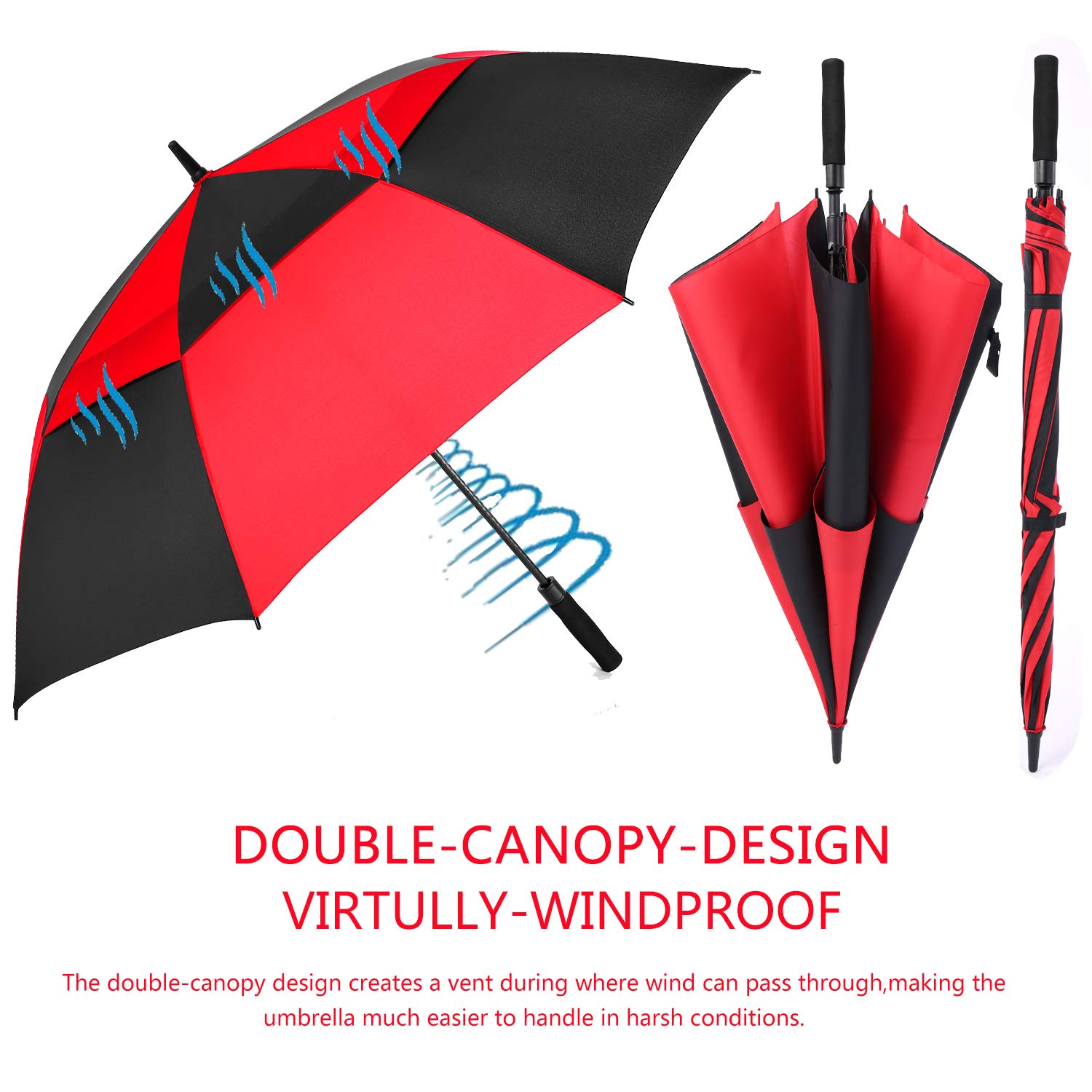 Mrtlloa 72 Inch Automatic Open Red/Black Golf Umbrella, Extra Large Oversize Double Canopy Vented Windproof Waterproof Stick Umb