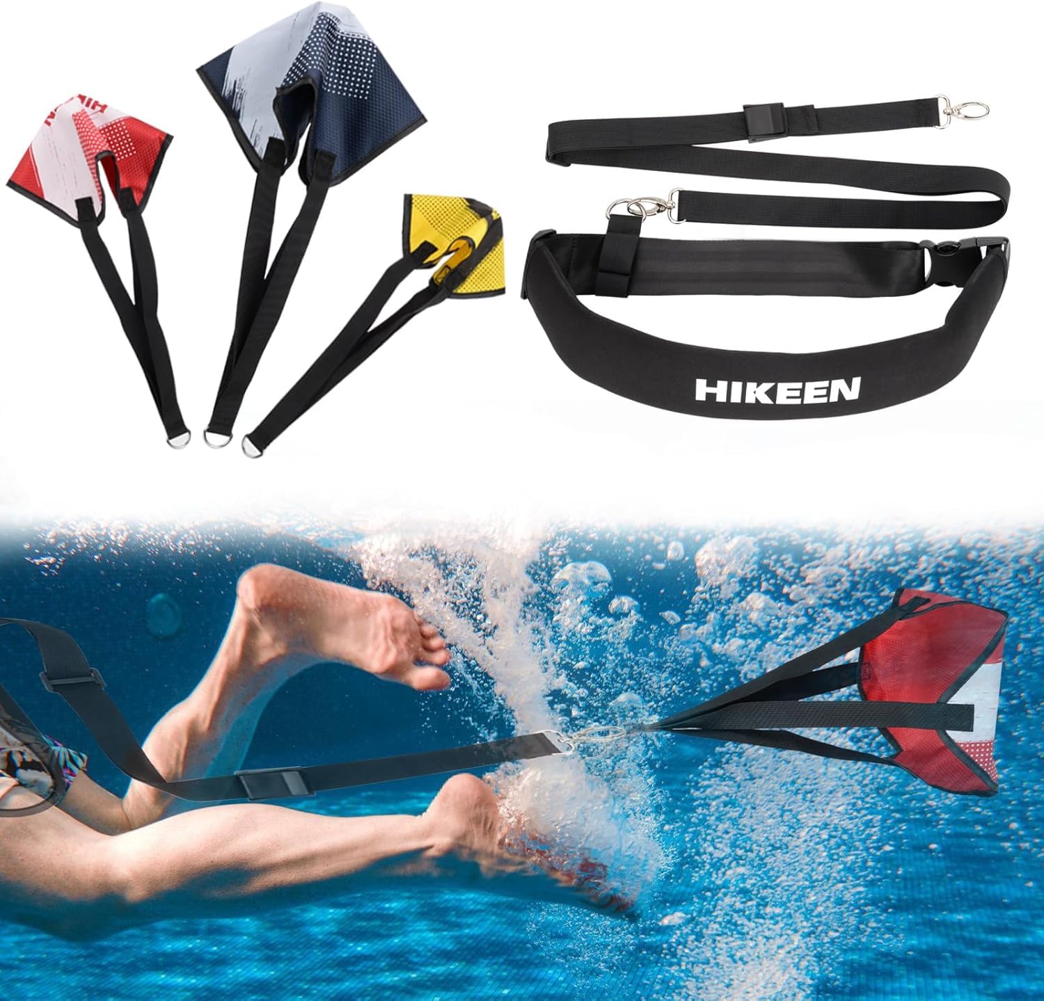 Hikeen Swimming Parachute Resistance Set Training Equipment with 3 Parachute & Adjustable Length Swim Belts for Adults(2 Set)