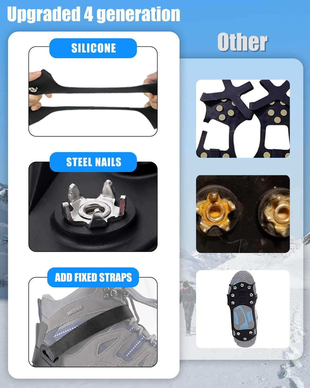 11 Spikes Crampons, Upgraded Version Stainless Steel Anti-Slip, Ice Cleats Traction Grips For Hiking Shoes And Boots, Safe Prote