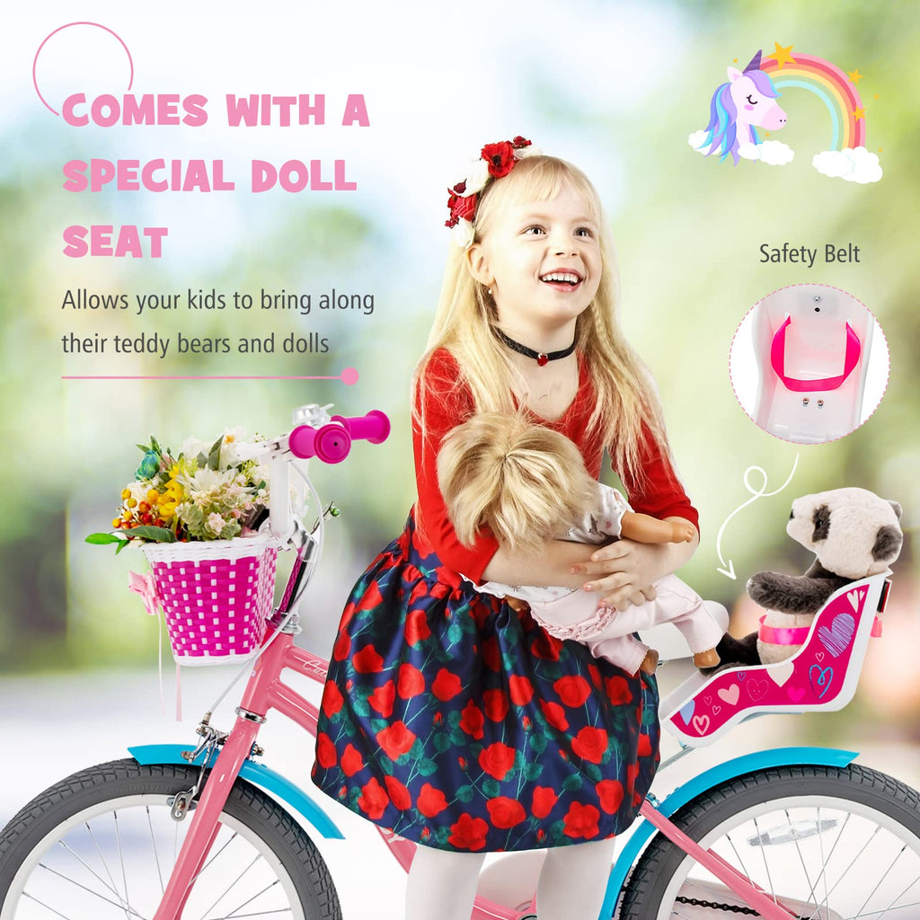 Baby Joy Kids Bike, 18 Inch Kids Bicycle W/Training Wheels, Adjustable Seat Handlebar Height, Storage Basket, Doll Seat, Handbra