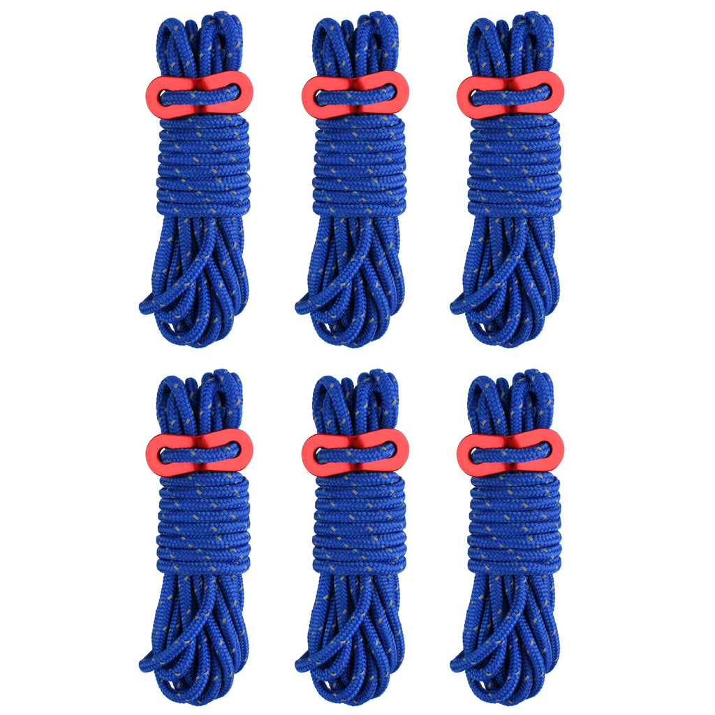 Triwonder 13Ft Reflective Guyline, 4Mm Nylon Tent Rope Paracord Cord With Guyline Adjuster For Camping Tent (Blue - 6 Pack)