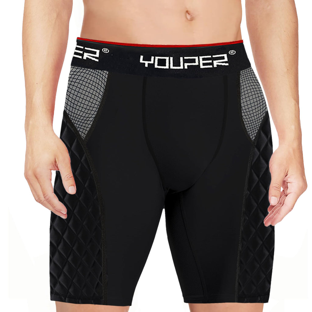 Youper Youth Elite Compression Padded Sliding Shorts W/Cup Pocket For Baseball, Football (Black, Large)