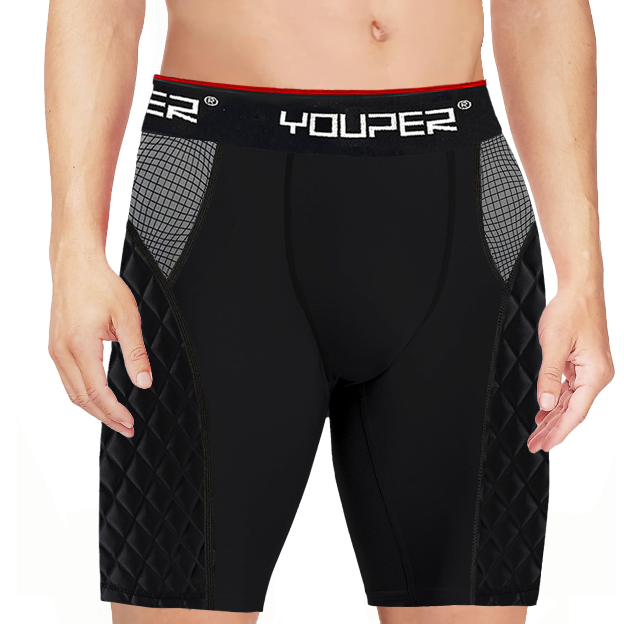 Youper Youth Elite Compression Padded Sliding Shorts W/Cup Pocket For Baseball, Football (Black, Large)