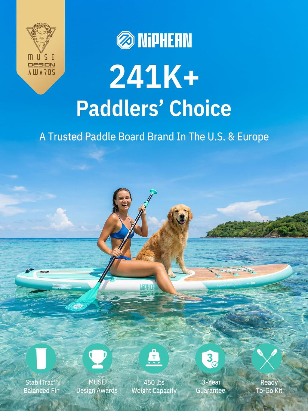 Niphean Inflatable Stand Up Paddle Board with Stabiltrac Fin Design and SUP Accessories, Anti-Slip EVA Deck, 106 Inflatable Padd