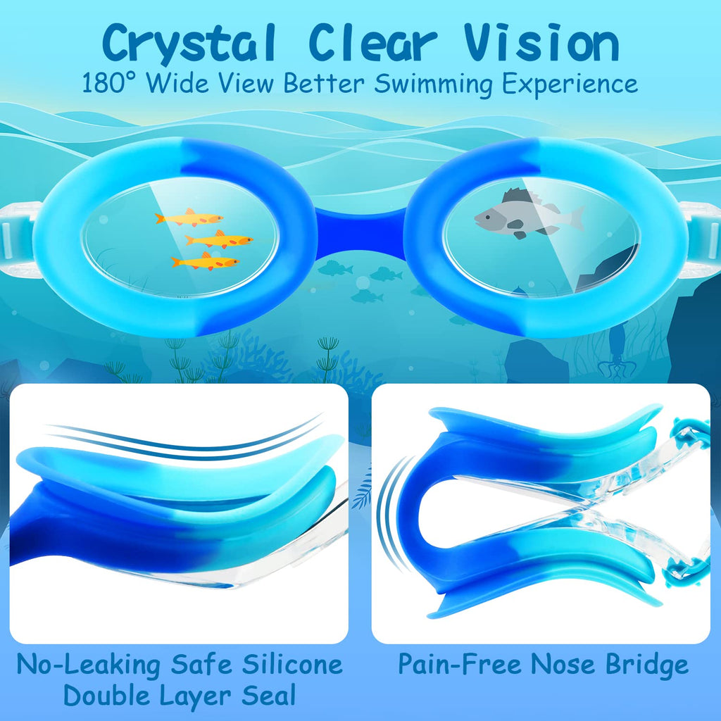 Cooloo Kids Goggles For Swimming Age 3-15, 2 Pack Kids Swim Goggles With Nose Cover, No Leaking, Anti-Fog, Waterproof, Blue & Pu