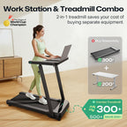 UREVO Smart Treadmill with Height Adjustable Desk Workstation, Compact Foldable Treadmill for Home Office, 9% Auto Incline with
