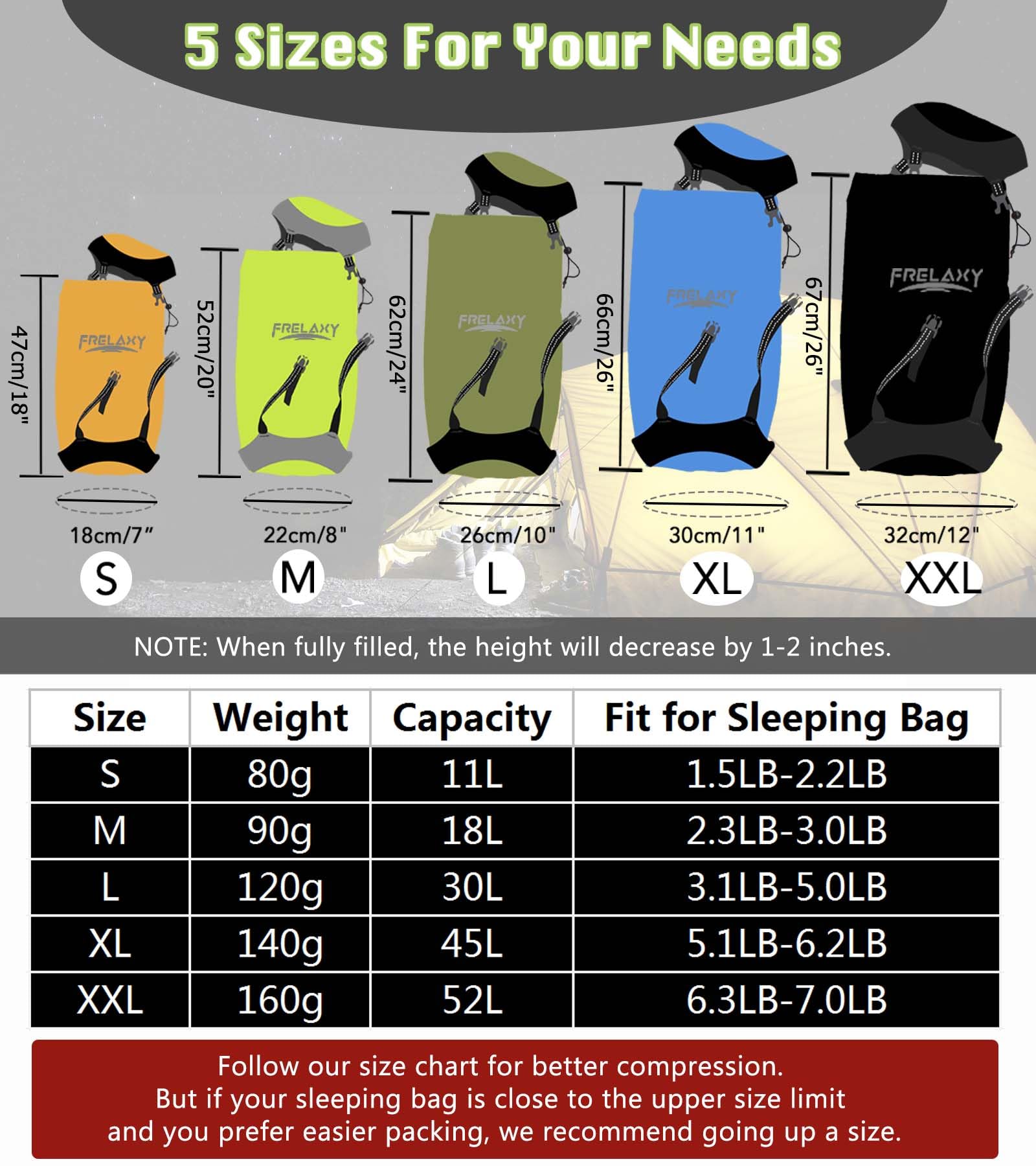 Frelaxy Compression Sack, 40% More Storage! 11L/18L/30L/45L Stuff Sack (Neon Green, M)