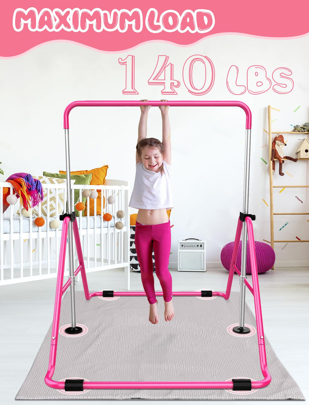 Sportsroyals Gymnastics Bar For Kids, Adjustable Height Gymnastics Equipment For Girls, Folding Gymnastic Junior Training Kip Ba