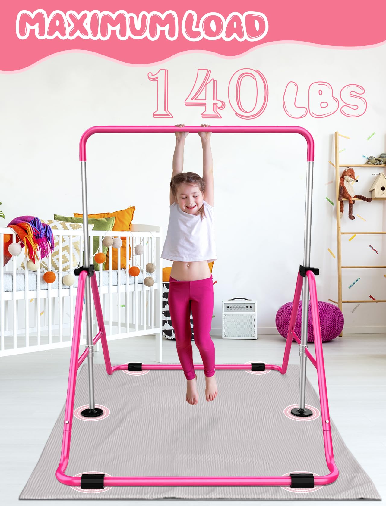 Sportsroyals Gymnastics Bar For Kids, Adjustable Height Gymnastics Equipment For Girls, Folding Gymnastic Junior Training Kip Ba