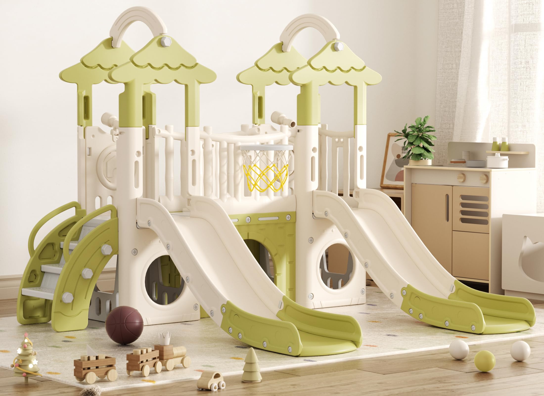 XJD 10 in 1 Toddler Slide, Jungle Double Slide Playset with Basketball Hoop, Tunnel and Storage Space, Outdoor Indoor Slide for 