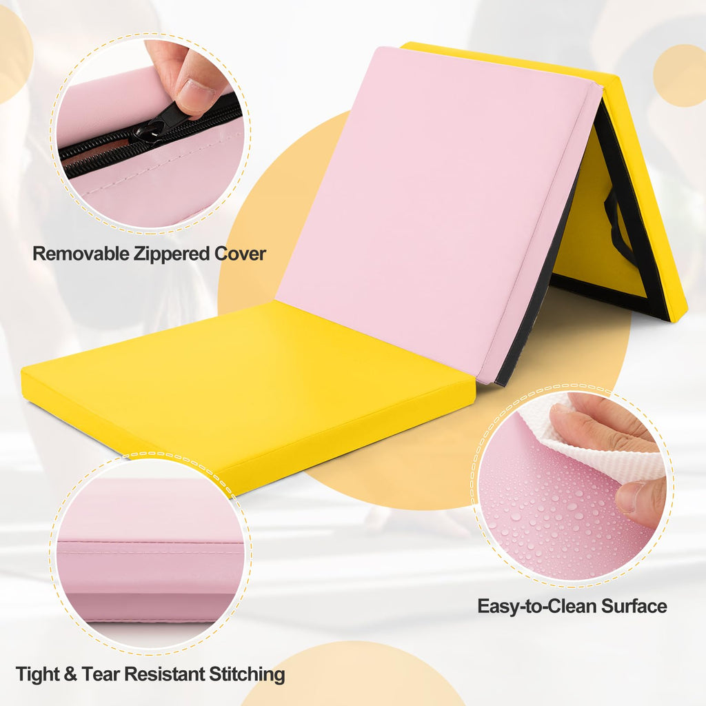 Goplus Folding Gymnastics Mat, Tri-Fold 6X 2X 2? Tumbling Exercise Gym Mat With Pu Leather Cover, Hook & Loop Fastener & Carryin