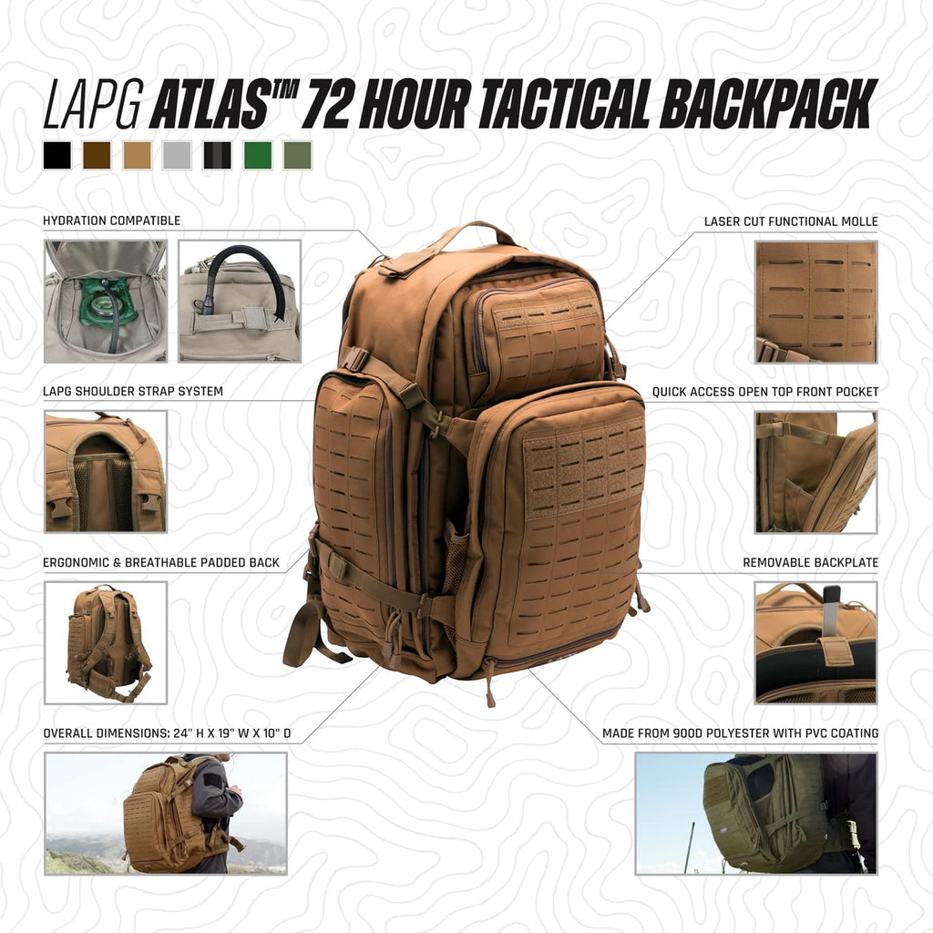 Lapg Atlas 72 Hour Tactical Backpack For Men & Women, Large Bug Out Bag With Molle System, Hiking Hunting Combat Backpack, Coyot
