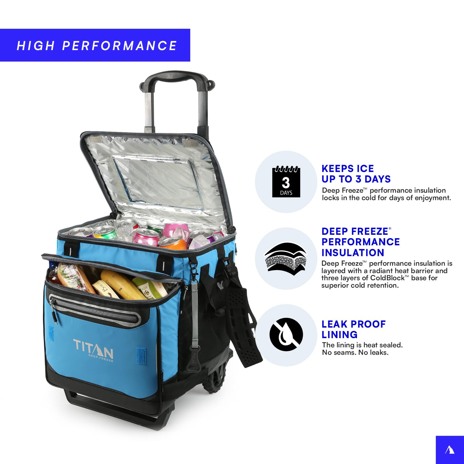 Arctic Zone Titan Deep Freeze 60 (50+10) Can Collapsible Rolling Cooler With Wheels And All-Terrain Cart, Process Blue