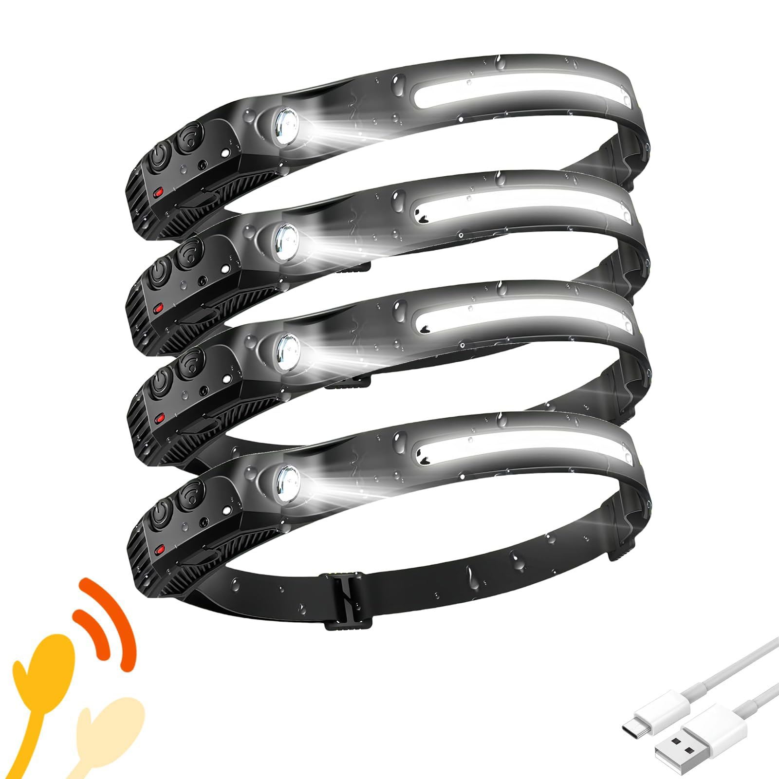 Headlamp 4 PCS, 230 Wide Beam Head Lamp, Motion Sensor LED Headlamp Rechargeable, 5 Mode Headlight Flashlight for Camping Fishin