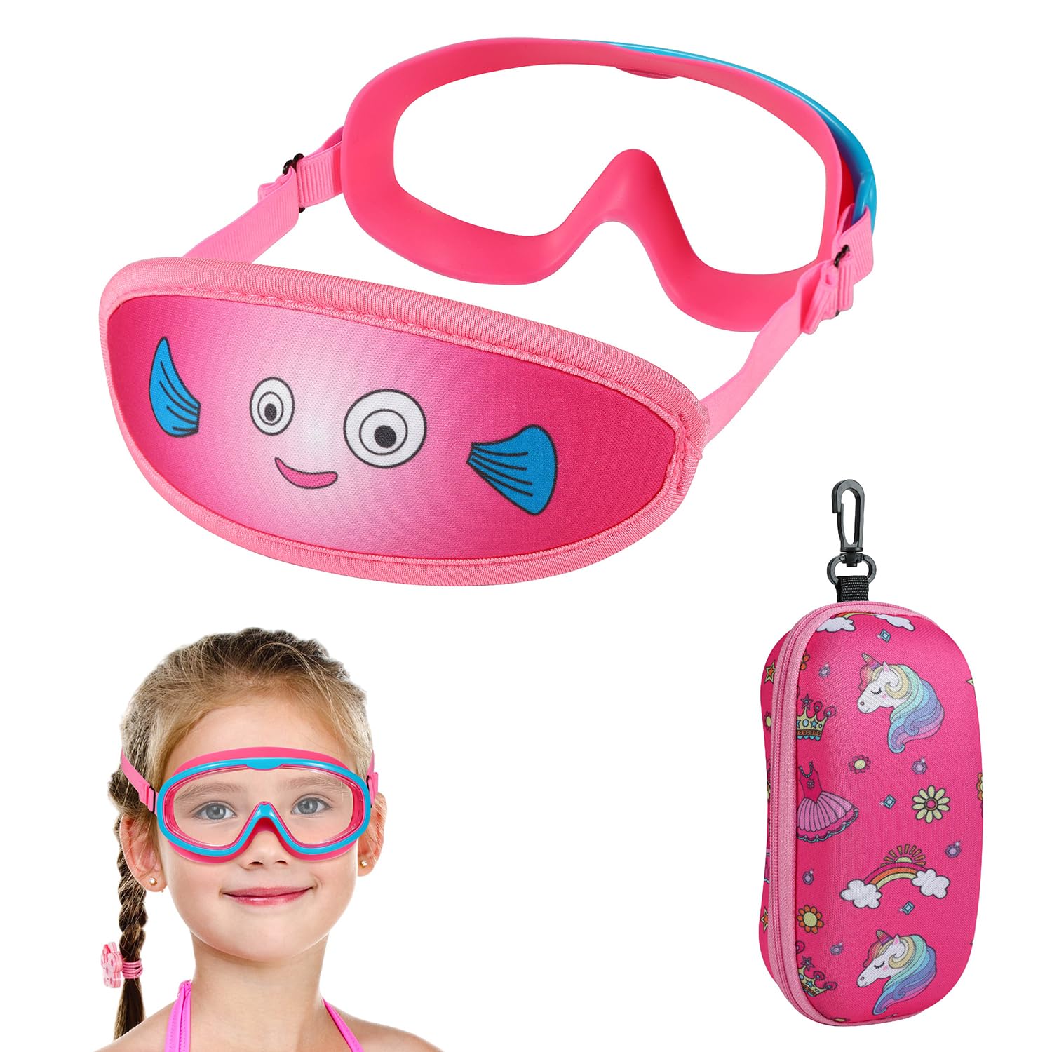Toddler Swim Goggles Nose Cover,Kids Goggles No Hair Pull,Anti Fog Children Swimming Mask (Pink Fish)