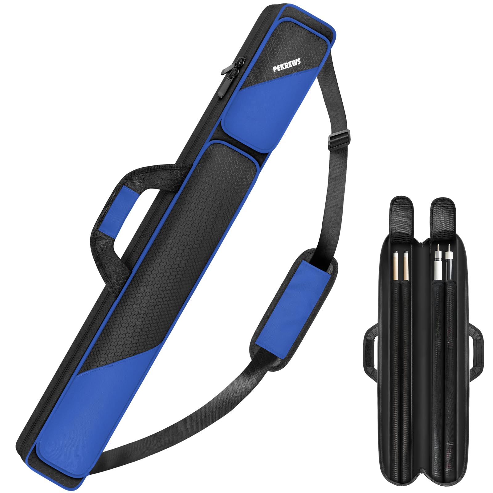 Pekrews Pool Cue Case - 2X2 Holds 2 Sticks With 2 Accessory Zipper Pockets, Sturdy Polyester Carry Bag With Shoulder Strap Handl