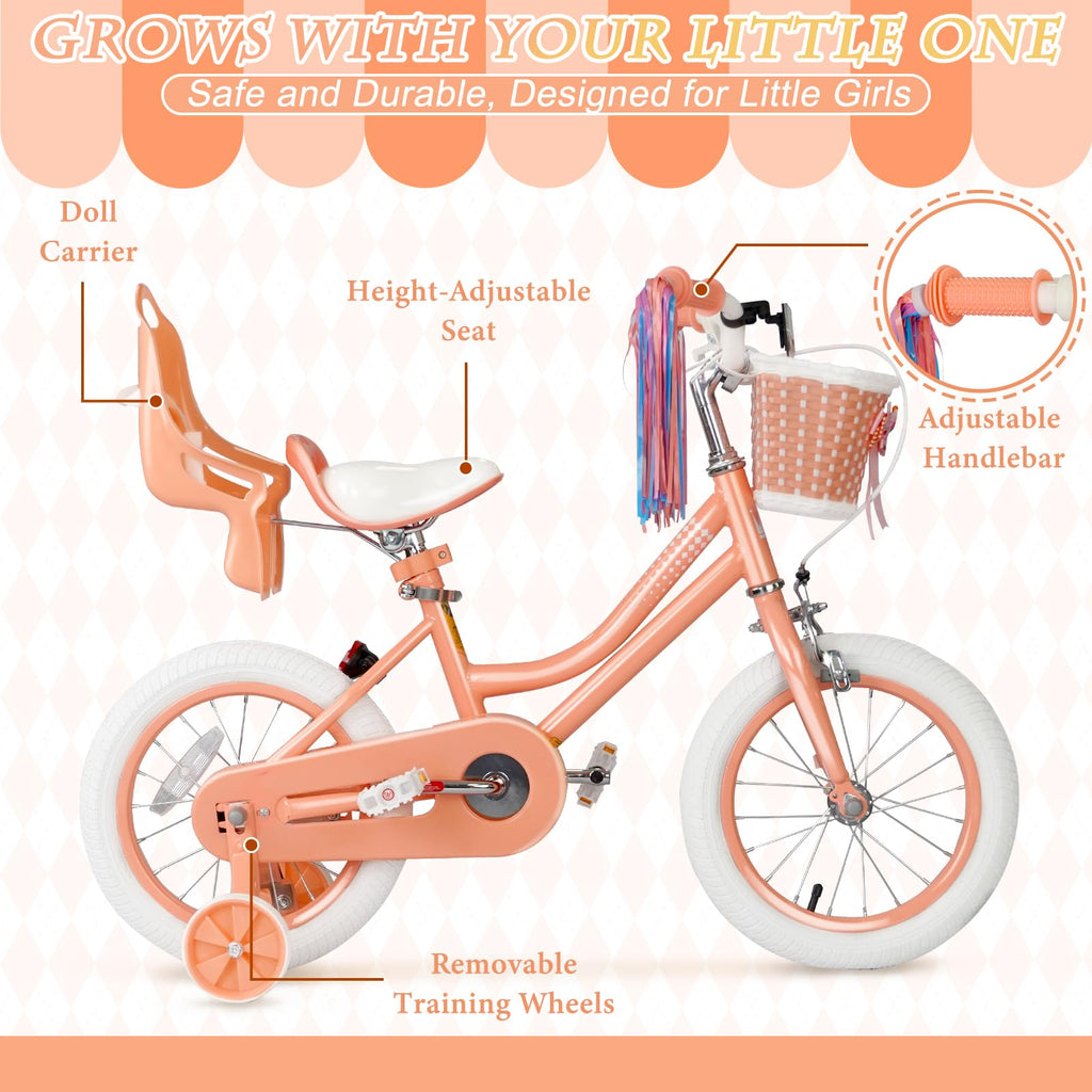 Glaf Toddler Girls Bike For Kids Age 2-12 Years Old 12 14 16 20 Inch Girls Bike With Training Wheels And Doll Seat Kids Bicycle