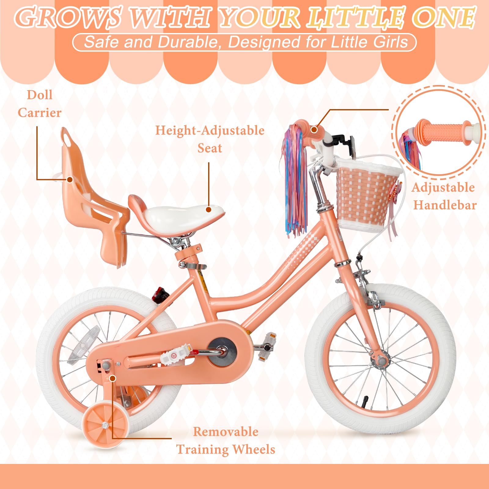 Glaf Toddler Girls Bike For Kids Age 2-12 Years Old 12 14 16 20 Inch Girls Bike With Training Wheels And Doll Seat Kids Bicycle