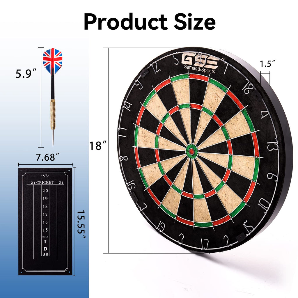 Gse 18'' Bristle Dartboard Set With Self-Healing Sisal Fibers Board, Six 17 Grams Steel Tip Darts, Staple-Free Bullseye, Rotatin