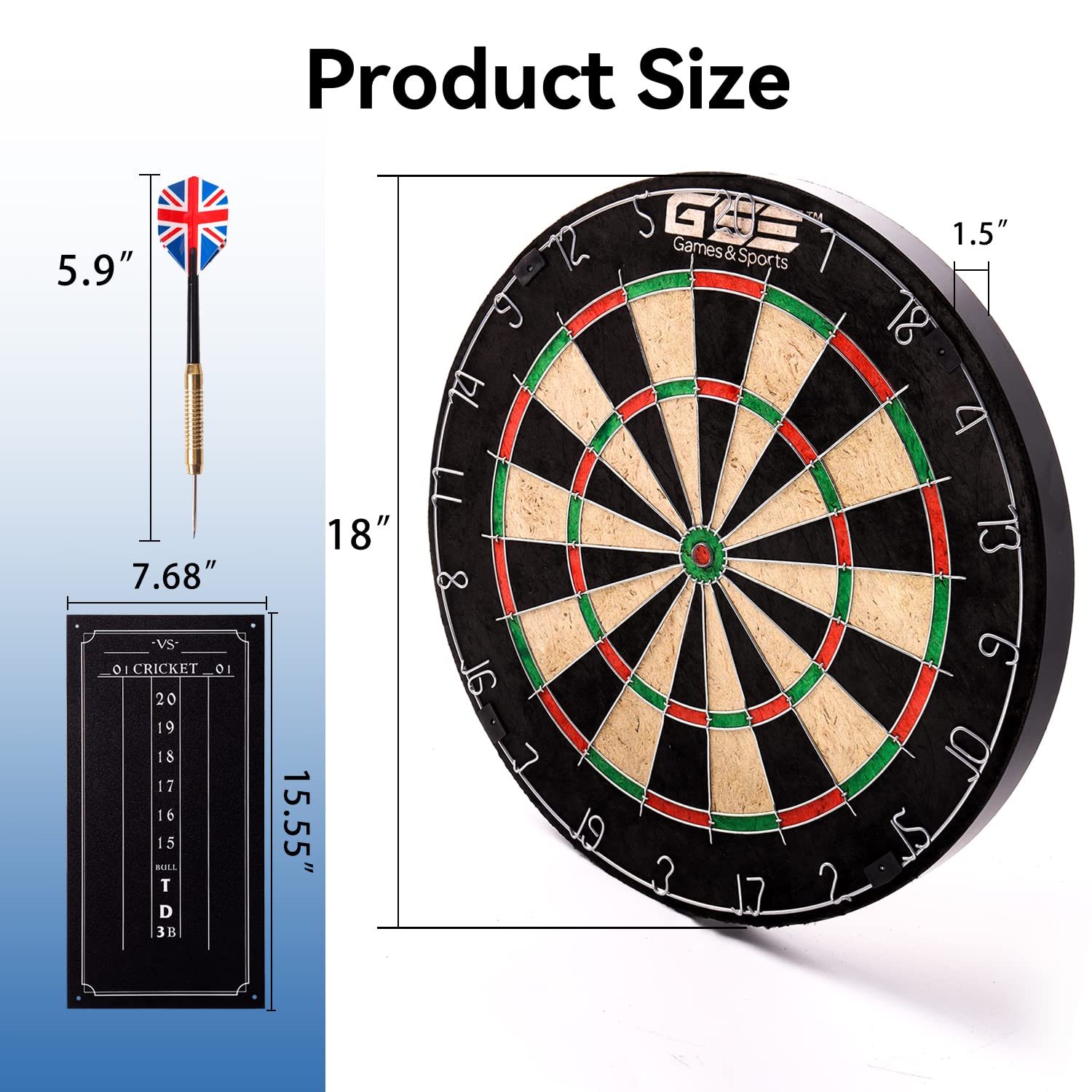 Gse 18'' Bristle Dartboard Set With Self-Healing Sisal Fibers Board, Six 17 Grams Steel Tip Darts, Staple-Free Bullseye, Rotatin