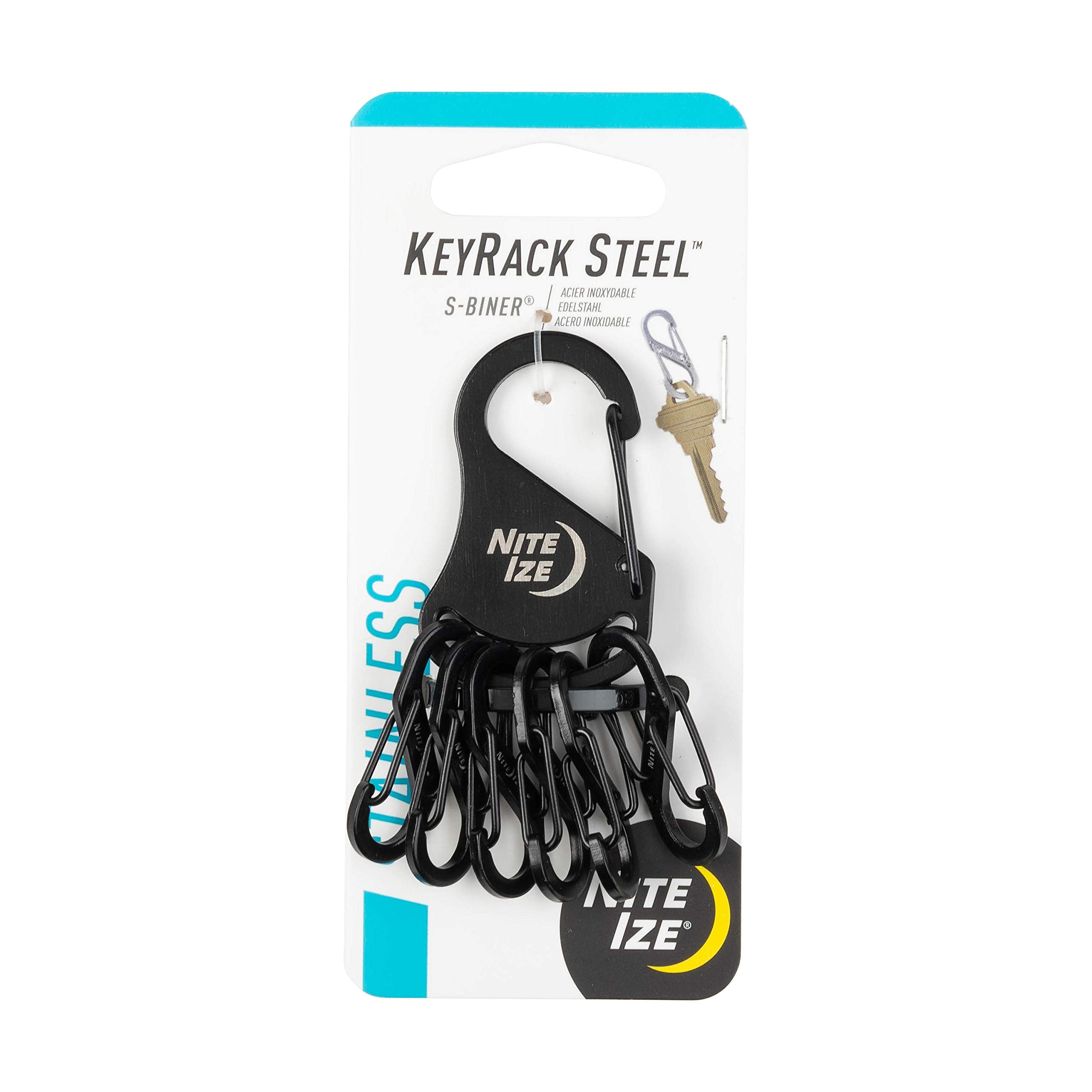 Nite Ize KeyRack Steel S-Biner - Key Carabiner Organizer with 6 S-Biners - Keychain Accessories to Hold Keys Securely and Separa