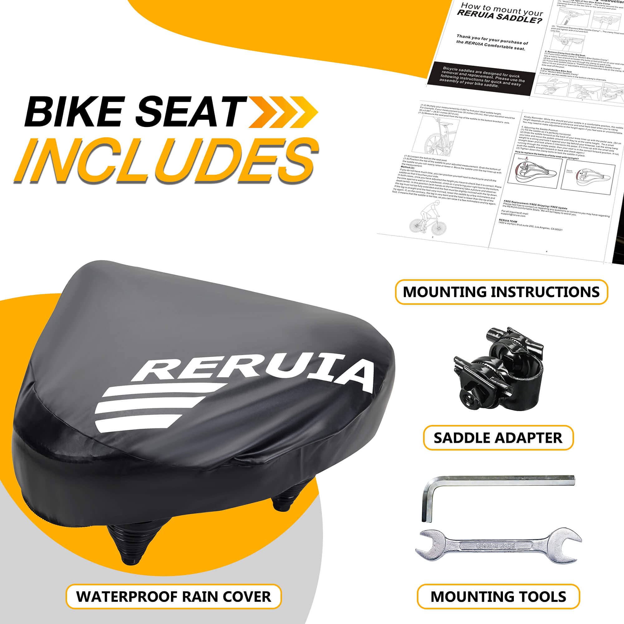 Reruia Large Bike Seat Comfortable And Wide Saddle Dual Shock Absorbing Exercise Bicycle Seat Leather Cover Waterproof Universal